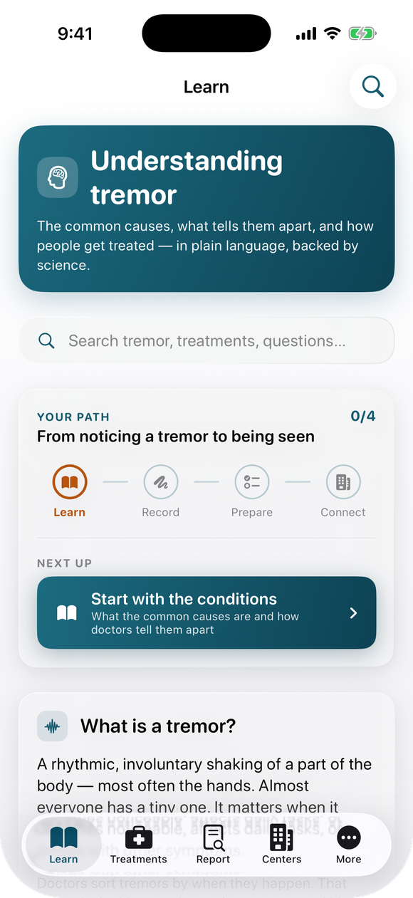 The TRMR App open on an iPhone, showing the Learn tab with a guide to understanding tremor.
