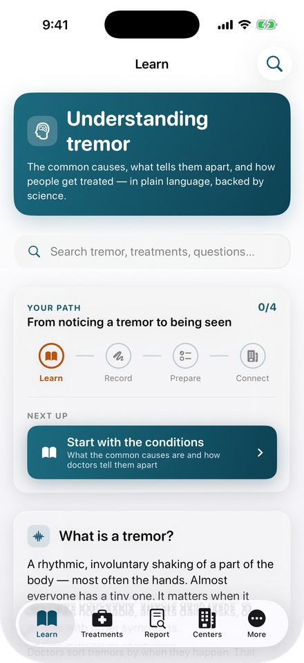 The Learn tab: a plain-language guide to what causes tremor and how clinicians tell the causes apart.